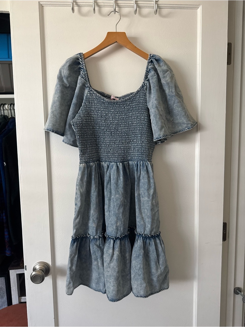 Pink Lily Washed Light Blue Smocked Puff Sleeve Tiered Dress